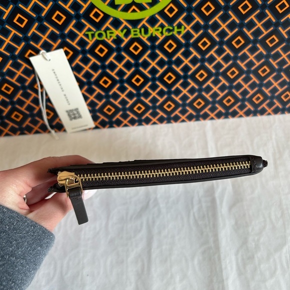 Tory Burch Britten Soft Zip Card Case Mini Wallet Dark Mahogany Gold Brown - Picture 4 of 7